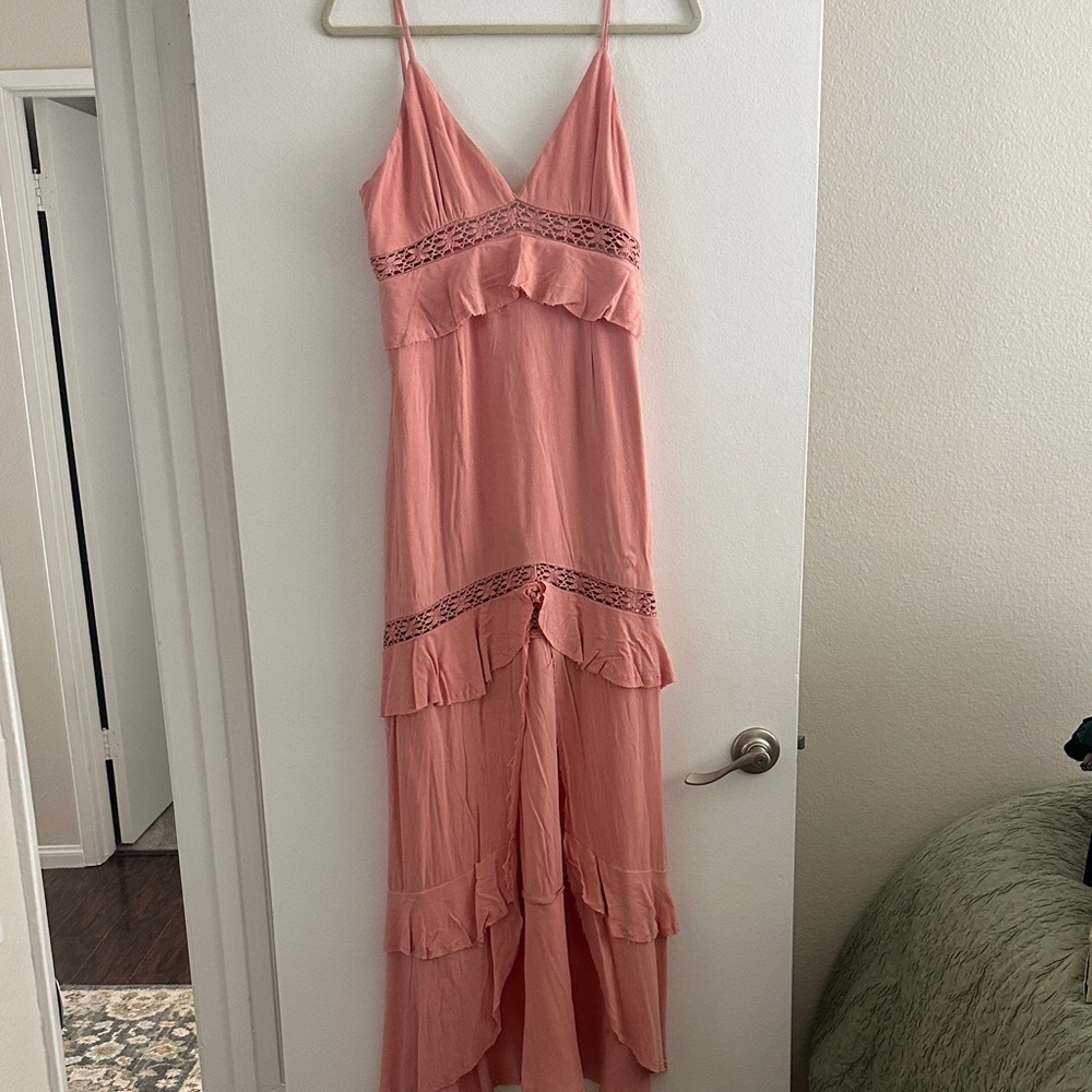 Pink Spaghetti-Strap Tiered Maxi Dress